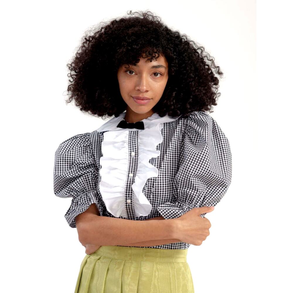 Batsheva Lou Blouse Size 10 Black /White Check Taffeta 3/4 Puffed Sleeves - Picture 4 of 13